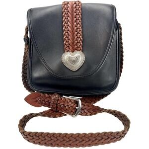 Vintage BRIGHTON Black Leather Crossbody Handbag Braided Strap Heart Concho